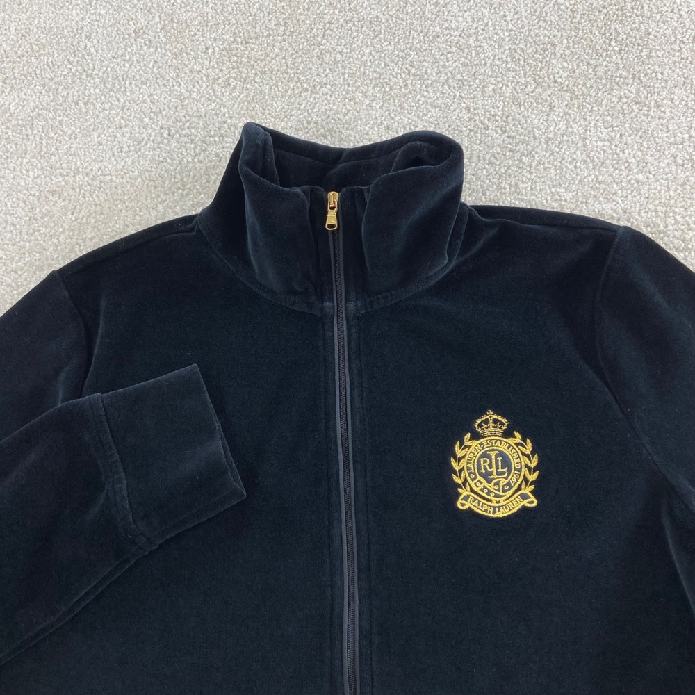 Lauren Active Ralph Lauren Jacket Womens Medium Black Velour Zip Up Crest Logo
